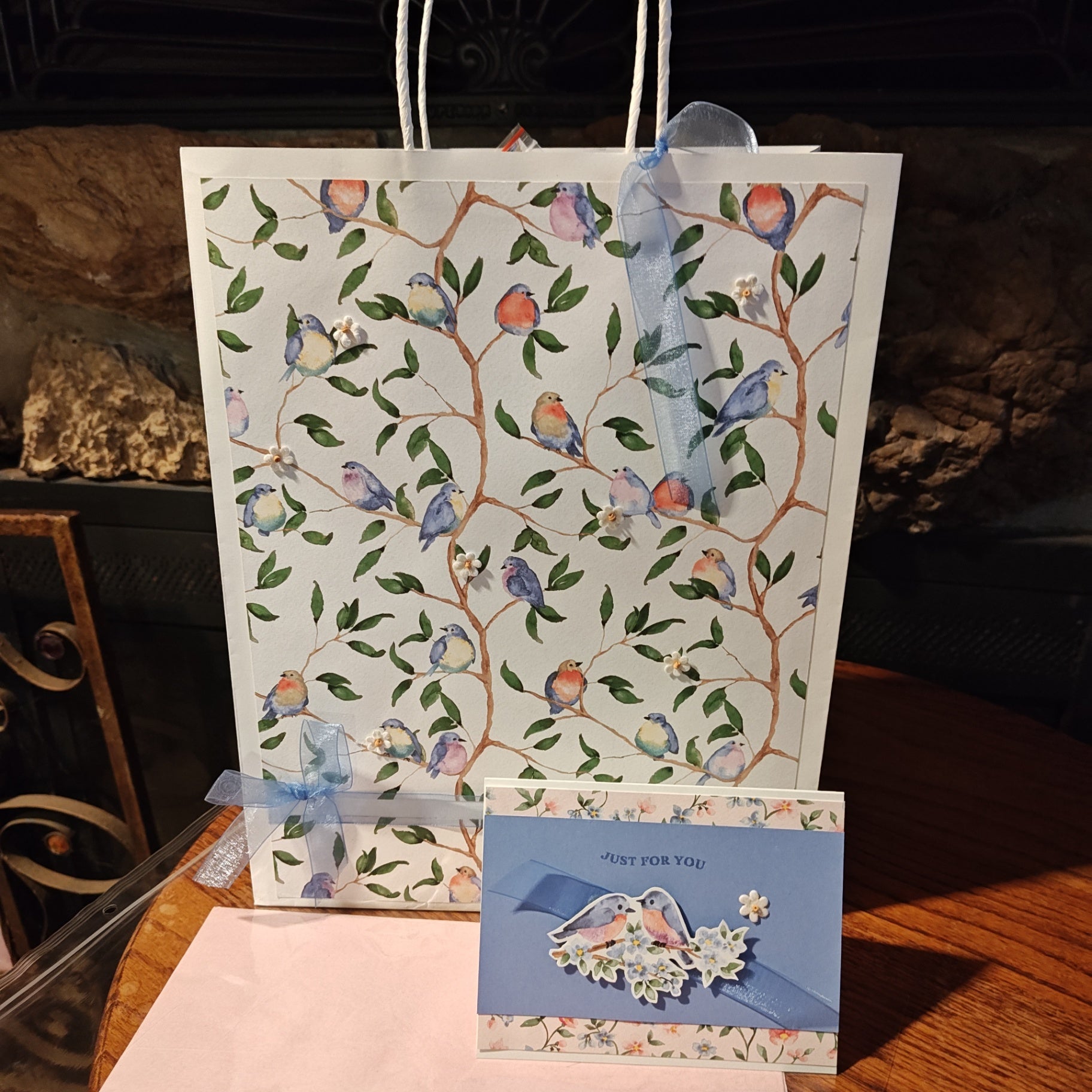 Handmade Gift Bag with Card - Birds with blue and pink - 13"x10"x4.5"