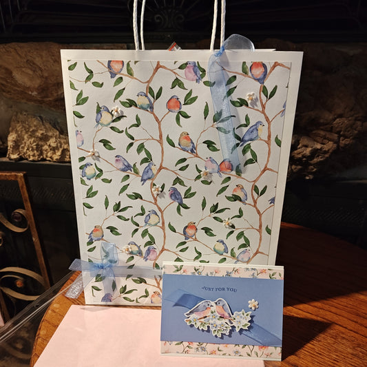 Handmade Gift Bag with Card - Birds with blue and pink - 13"x10"x4.5"