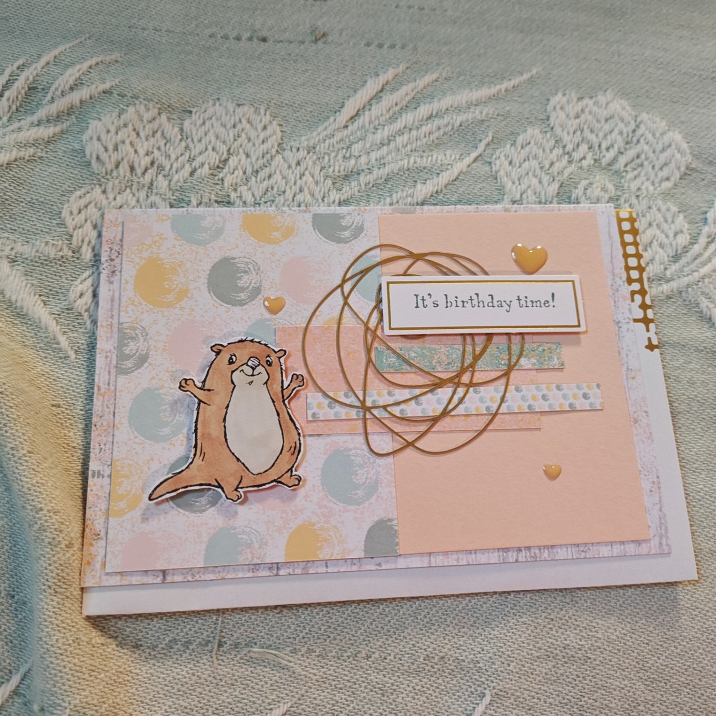 Handmade Greeting Card - Pink, gold, baby otter - Standard