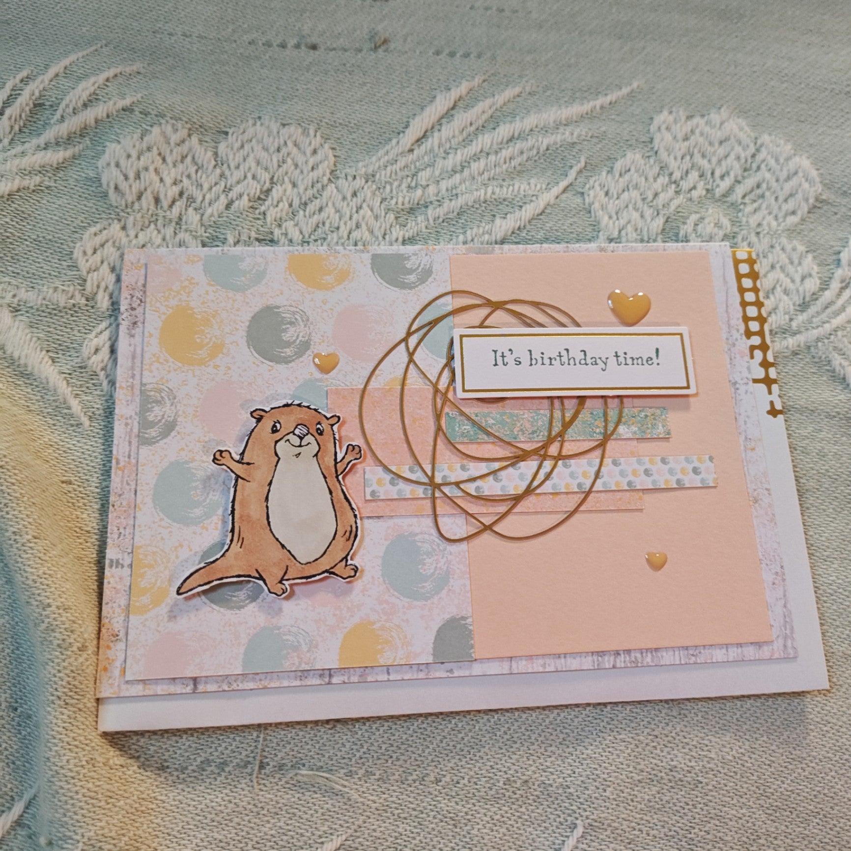 Handmade Greeting Card - Pink, gold, baby otter - Standard