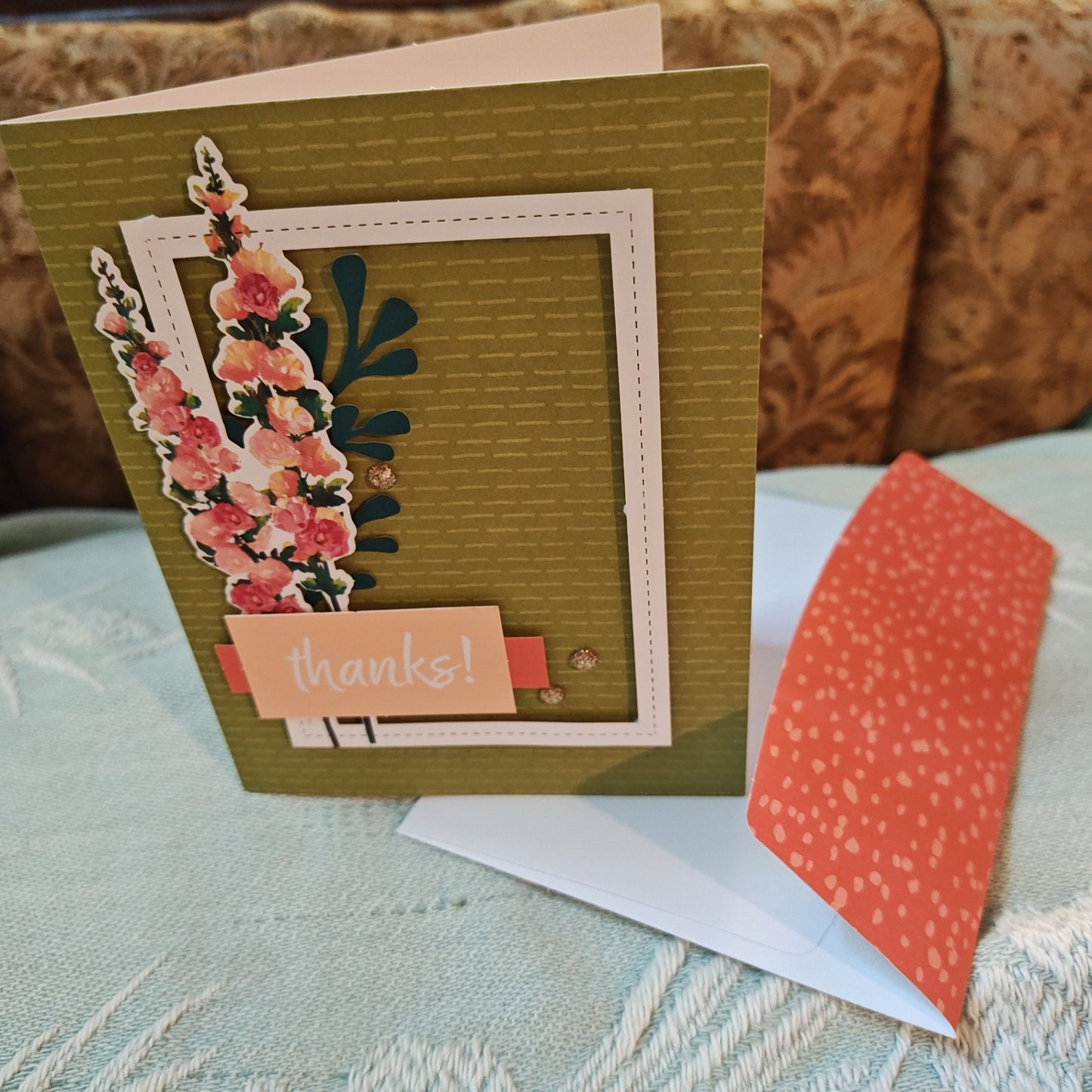 Handmade Greeting Card - Green, Pink - Standard