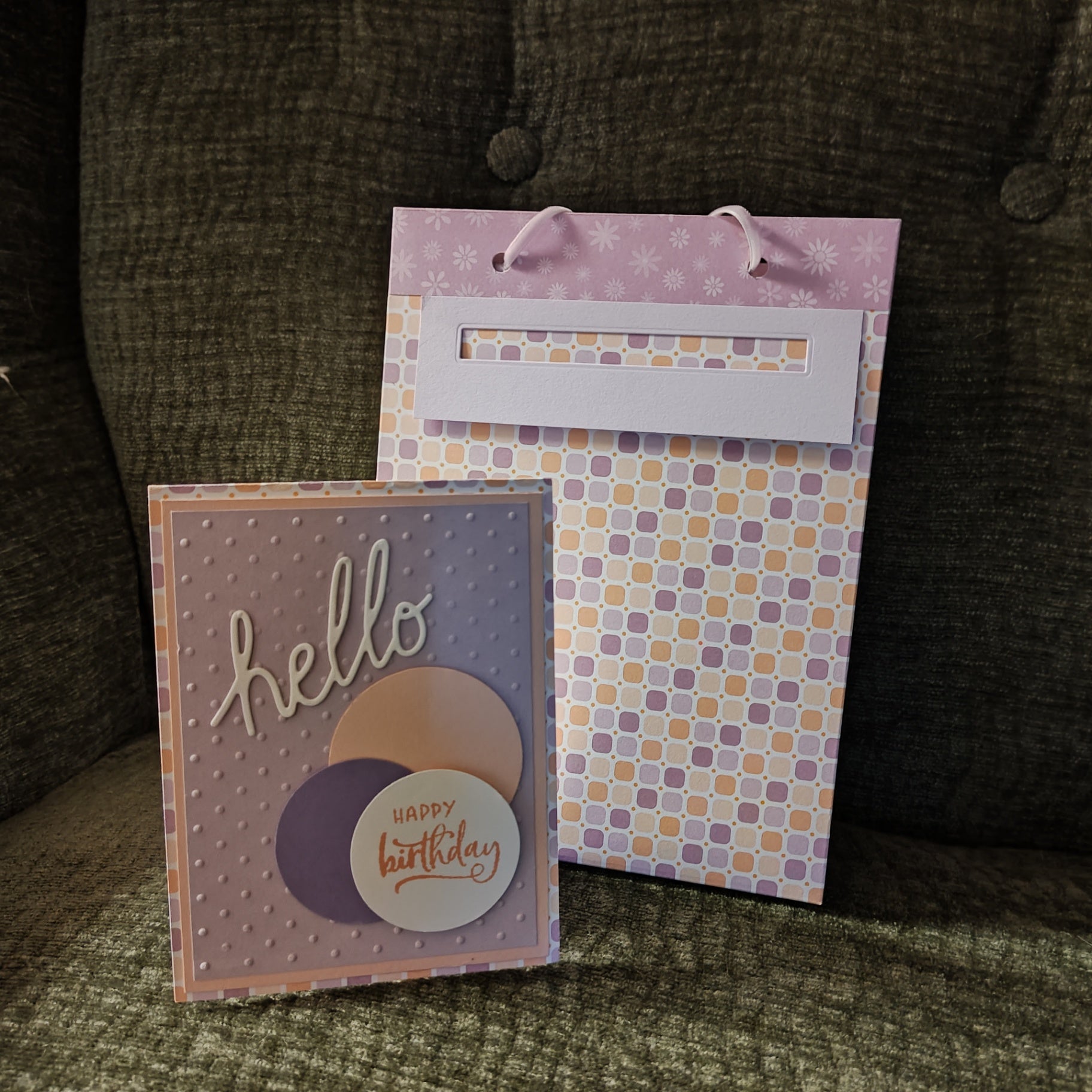 Handmade Gift Bag with Card - Lavender, Peach, White - 8"x6"x3"