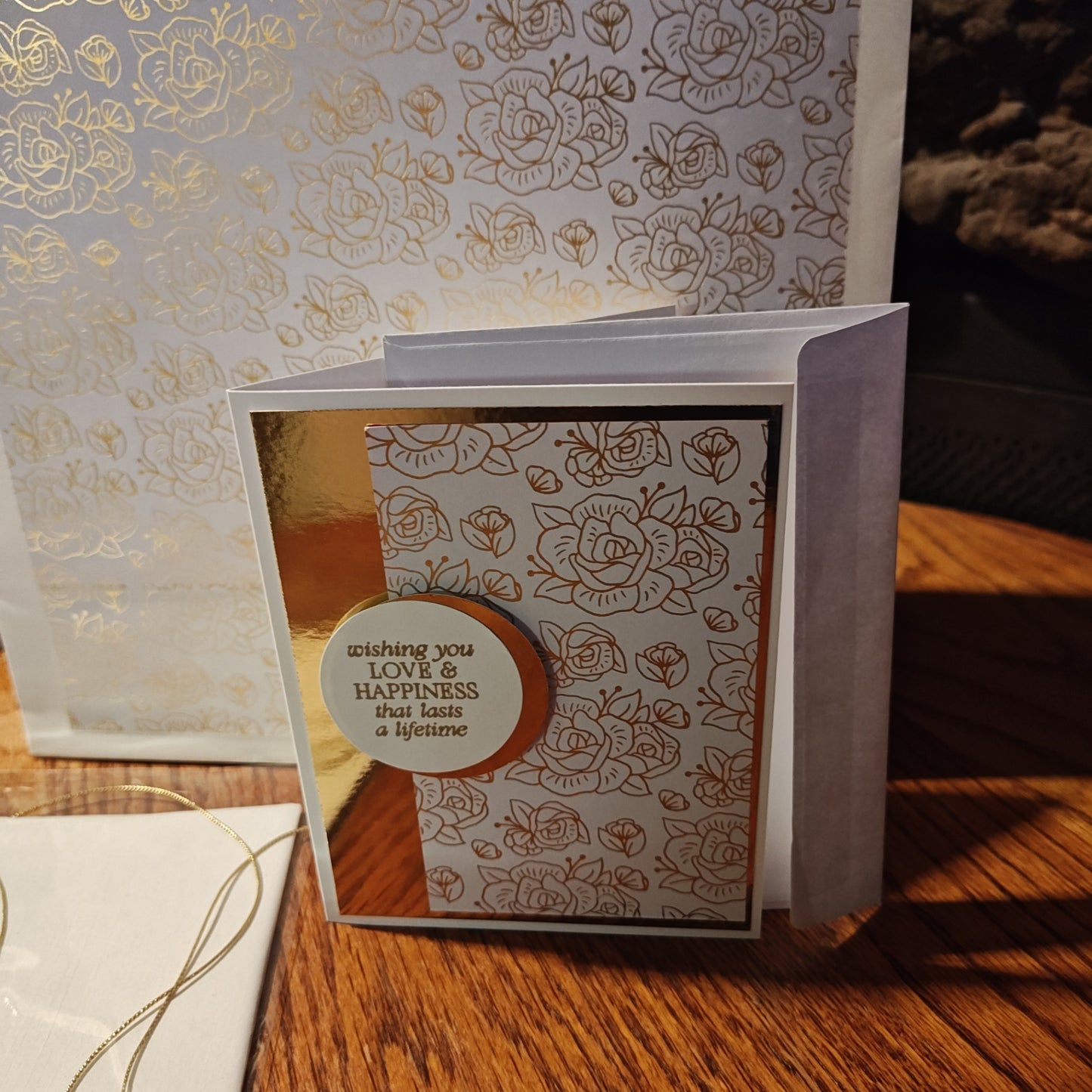Handmade Gift Bag with Card - White and Gold - 13"x10"x4.5"