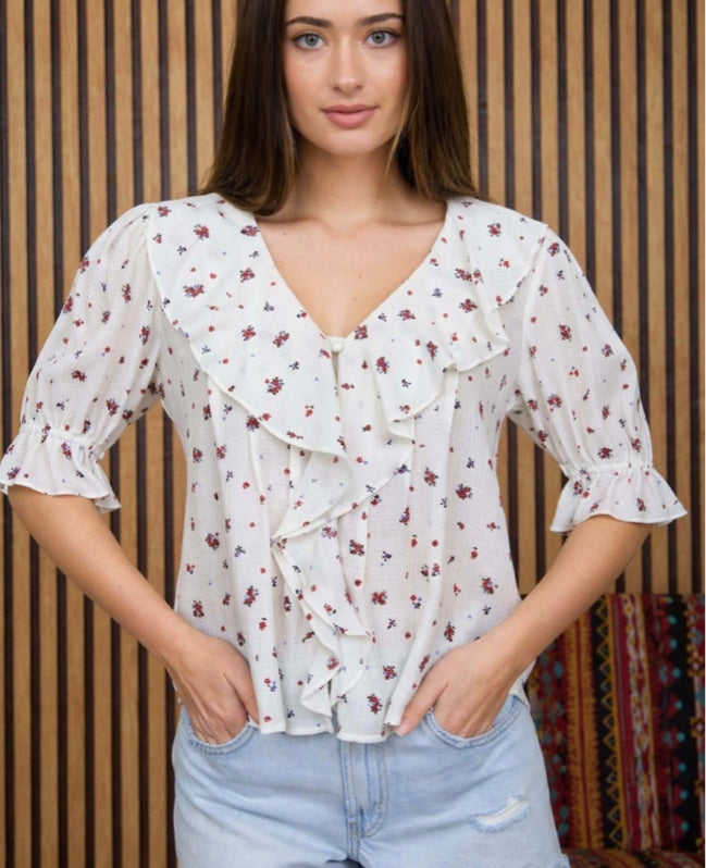 Blu peper Blouse - White with red and purple floral pattern - Small