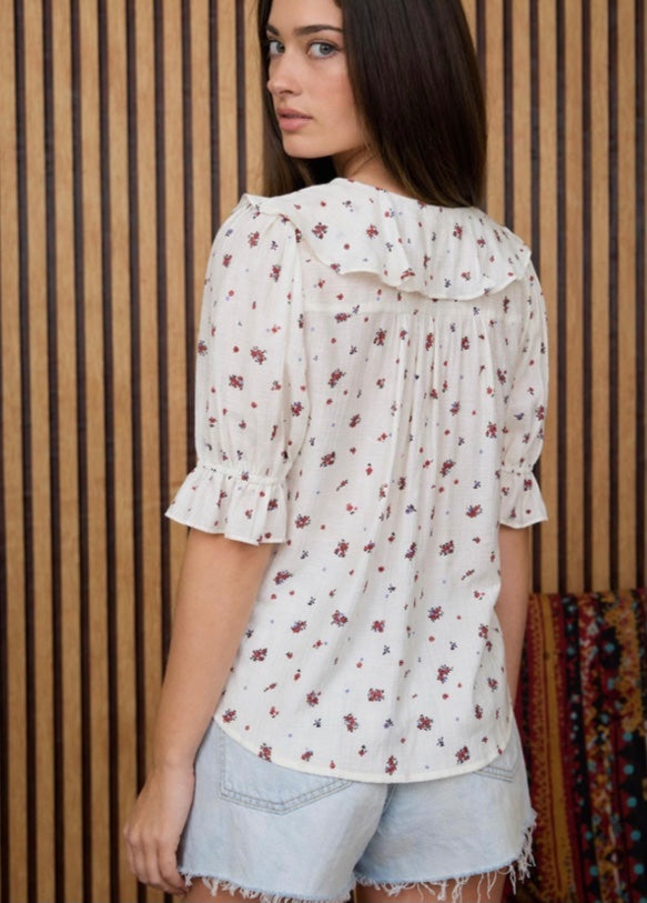Blu peper Blouse - White with red and purple floral pattern - Large