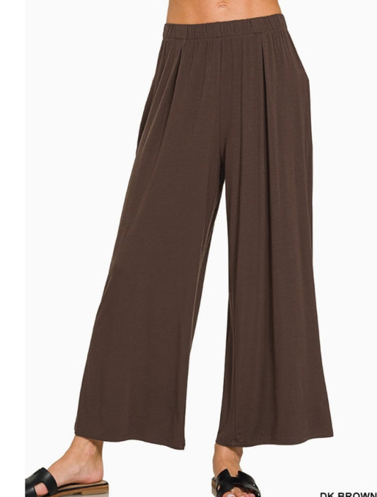 Wide leg crop or short Zenana Pants - Dark brown - Small