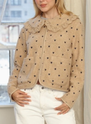 Lace collar w/navy embroidered hearts 26 international Sweater jacket - Beige - Extra large