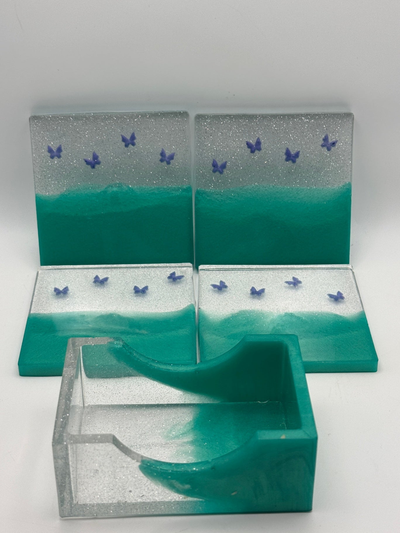 Resin Coaster set by Poured - Square - Green with Butterflies