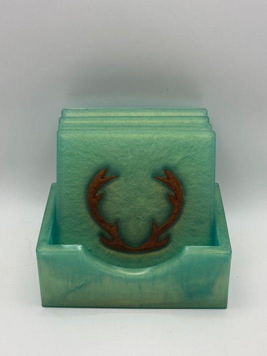 Resin Coaster set by Poured - Square - Deer Antlers Green