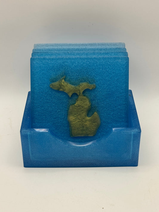 Resin Coaster set by Poured - Square - Blue Michigan