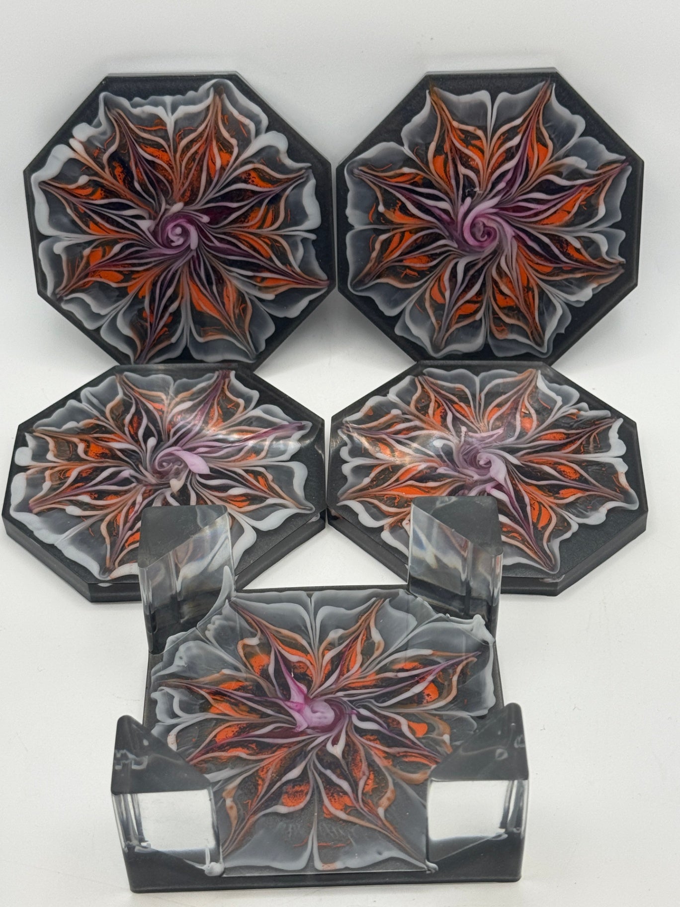 Resin Coaster set by Poured - Octagon - Abstract black/orange