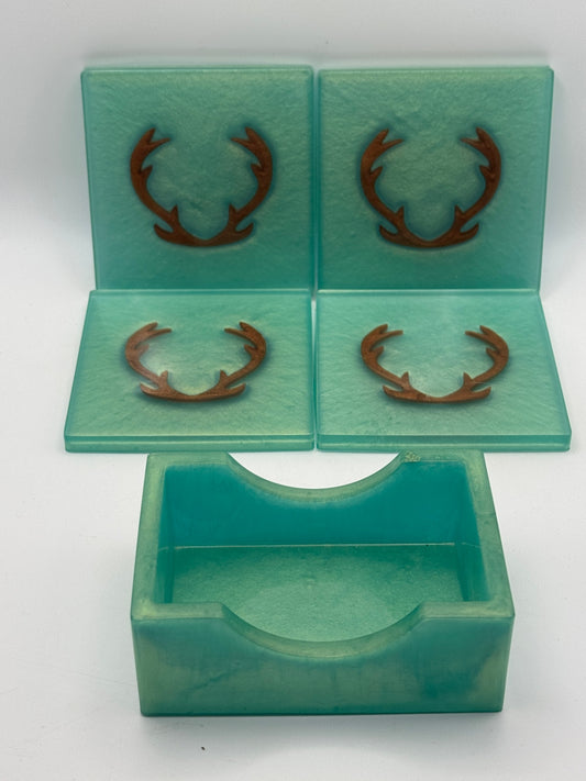 Resin Coaster set by Poured - Square - Deer Antlers Green