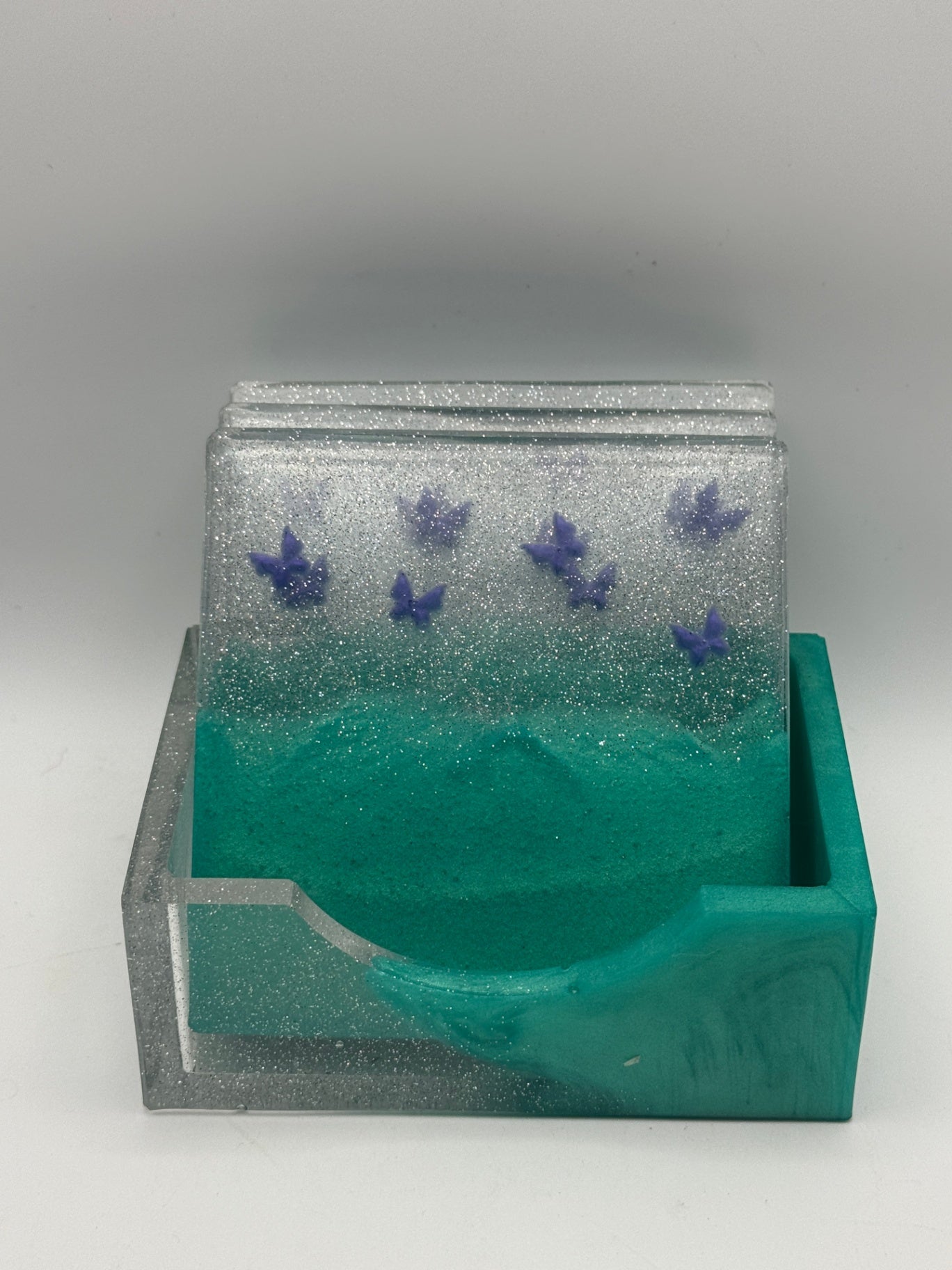 Resin Coaster set by Poured - Square - Green with Butterflies