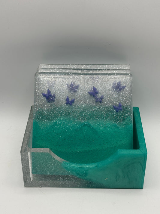 Resin Coaster set by Poured - Square - Green with Butterflies