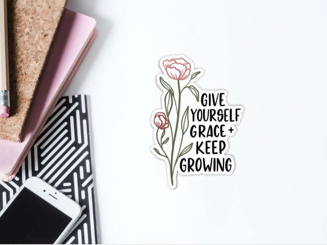 MB Lettered Designs Stickers - Give Yourself Grace Floral - 3"