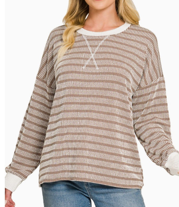 Rib striped Zenana Top - Beige and White - Medium