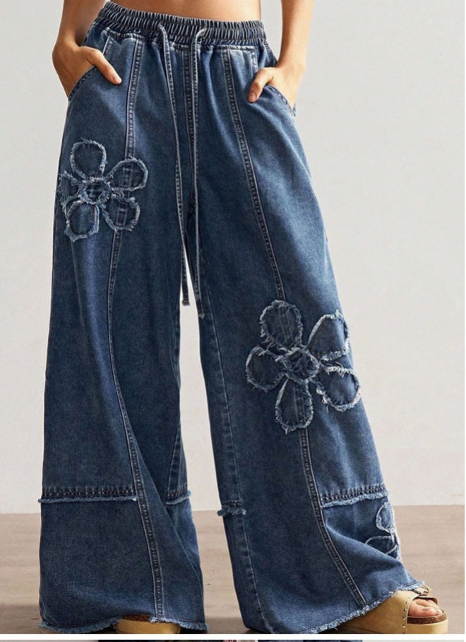 Jeans elastic waistband flower detail blue - Small
