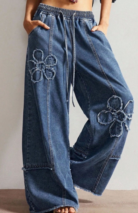 Jeans ,elastic waistband flower detail blue - Large