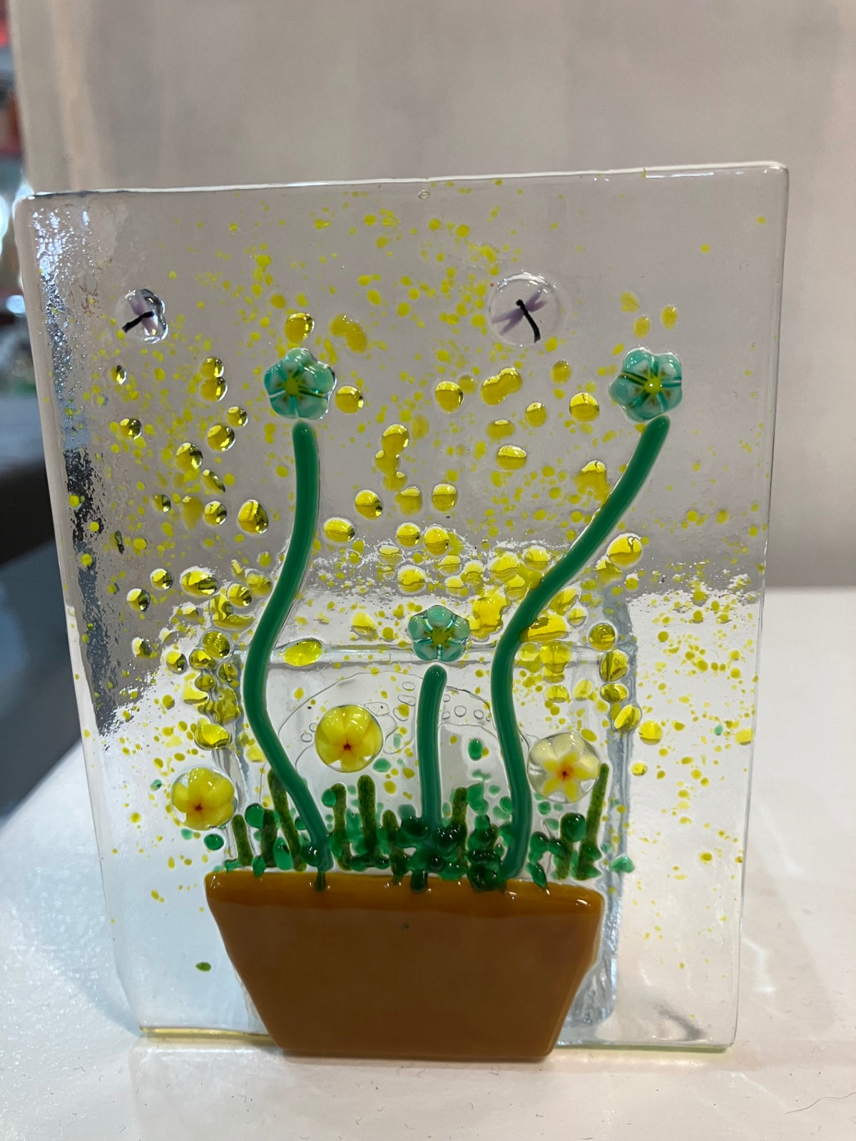 Fused glass candle holder with elrctric candle - Yellow, Green, Light Blue, Brown - Unknown