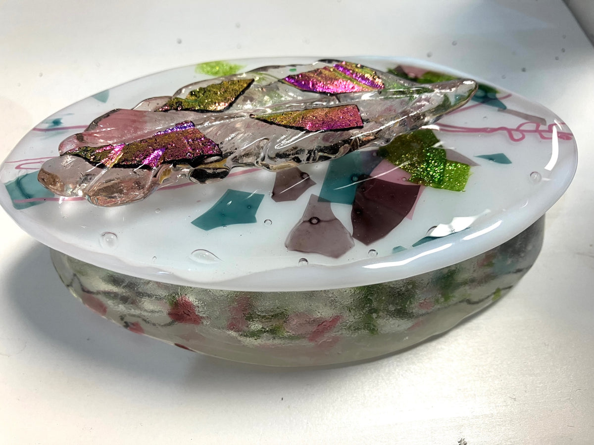 Fused glass dish Clear with multicolored accents (pink, green, purple, gold) -