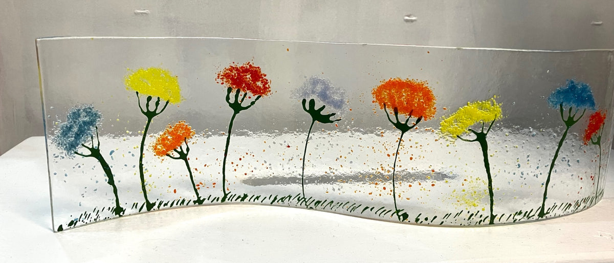 Freestanding fused glass picture - Clear/Transparent with multicolored floral design - 3"x13"