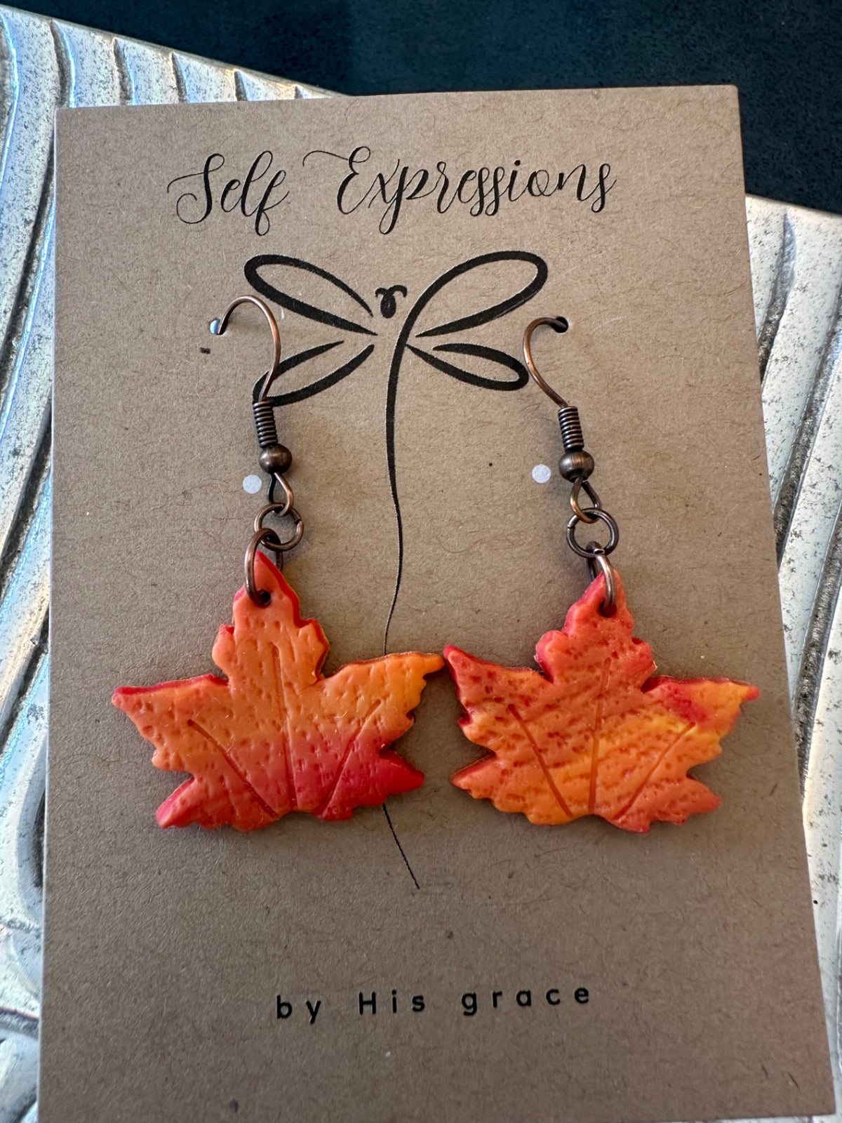 Self Expressions Designs Jewelry - Vibrant orange swirl - Small leaf shaped