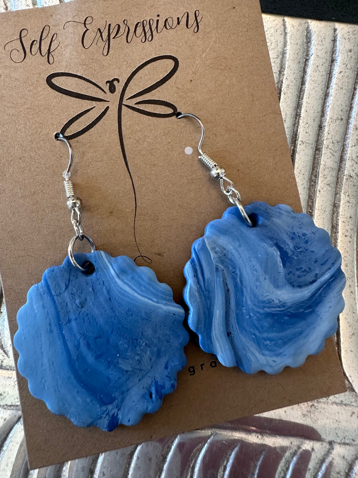 Self Expressions Designs Jewelry - Blue marbled - Medium circles with scalloped edges