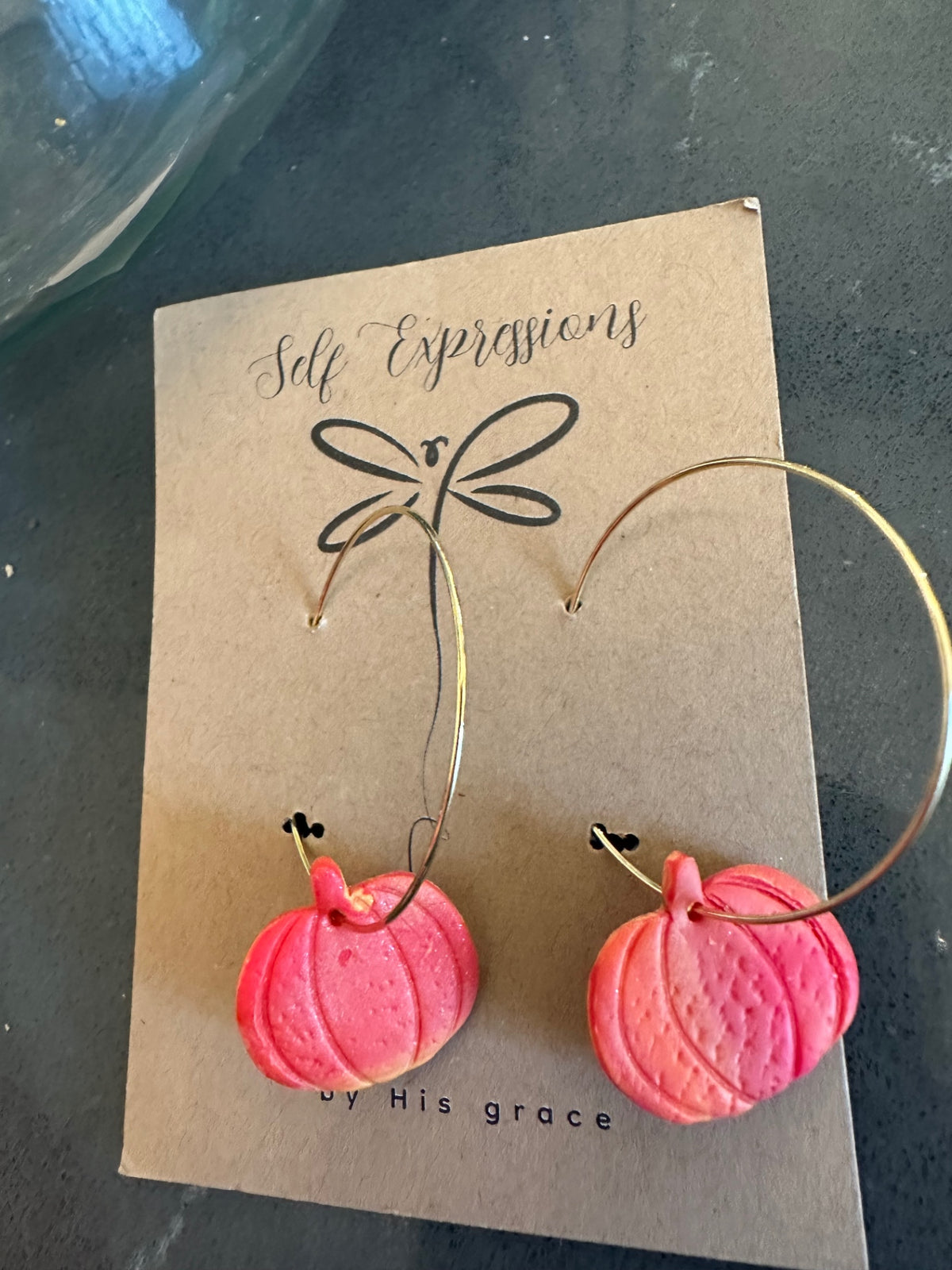 Self Expressions Designs Jewelry - Vibrant orange - Small vibrant orange pumpkins on gold hoops