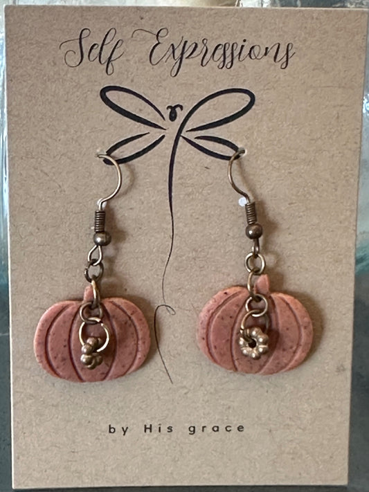 Self Expressions Designs Jewelry - Light brown with dark speckles, and decorative metal accents - Small pumpkins