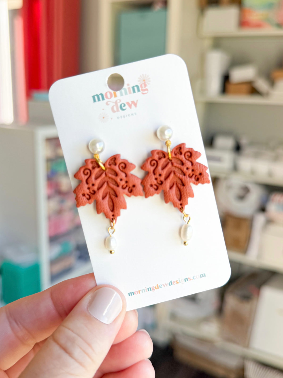 Rust Orange Folk Art Maple Leaf with Pearl Accents
