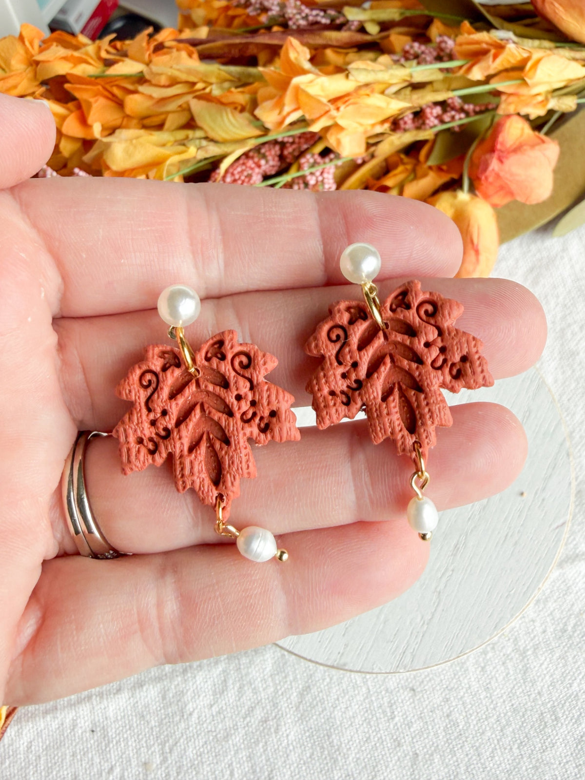 Rust Orange Folk Art Maple Leaf with Pearl Accents