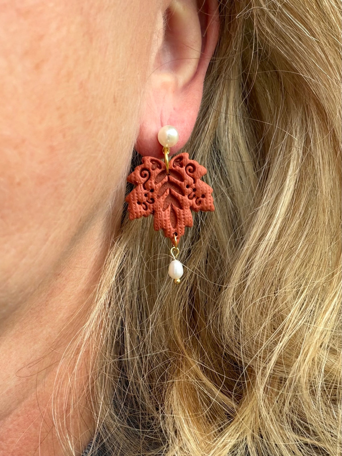 Rust Orange Folk Art Maple Leaf with Pearl Accents