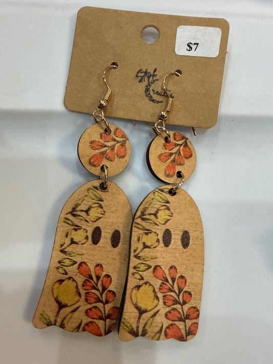 Jewelry/Earrings - Beige with floral design in orange, yellow, and green - Large