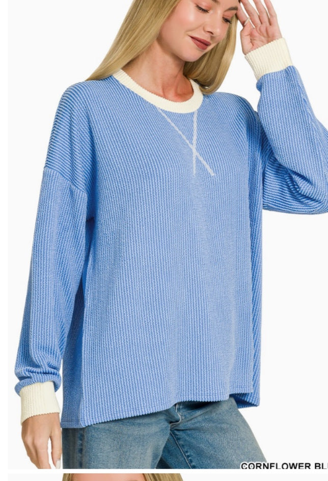 Top Zenana Top - Blue with cream trim - Large