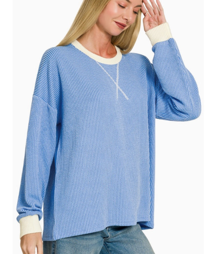 Top Zenana Top - Blue with cream trim - Large