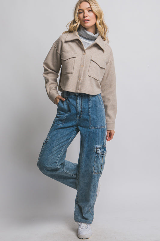Fleece Cropped Snap-Button Shacket
