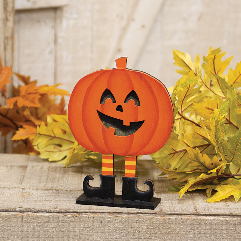 Smiling Jack O'Lantern in Boots Wooden Sitter