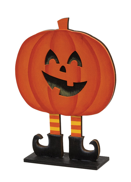 Smiling Jack O'Lantern in Boots Wooden Sitter