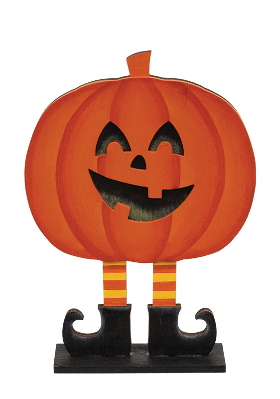 Smiling Jack O'Lantern in Boots Wooden Sitter
