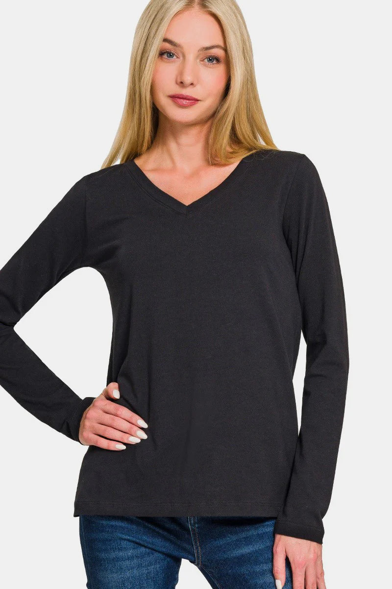 Long Sleeve V-Neck T-Shirt – Zenana - BLACK
