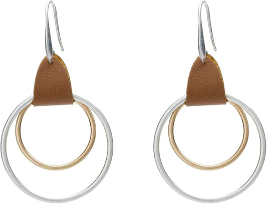 Minimalist Leather Geometric  Round Circle Hoop Drop Dangle Earrings