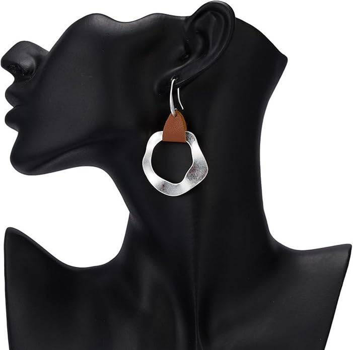 Minimalist Leather Round Circle Hoop Drop Dangle Earrings