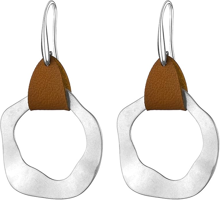 Minimalist Leather Round Circle Hoop Drop Dangle Earrings