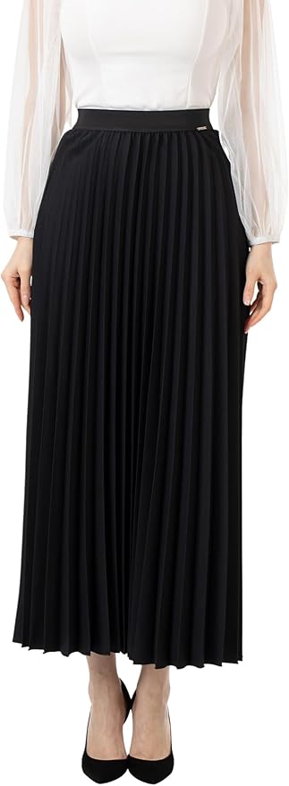 Love Poem Women's Pleated Maxi Skirt - Modest Elastic High Waist A Line Swing Boho Ruffle Plisse Long Skirt - Black