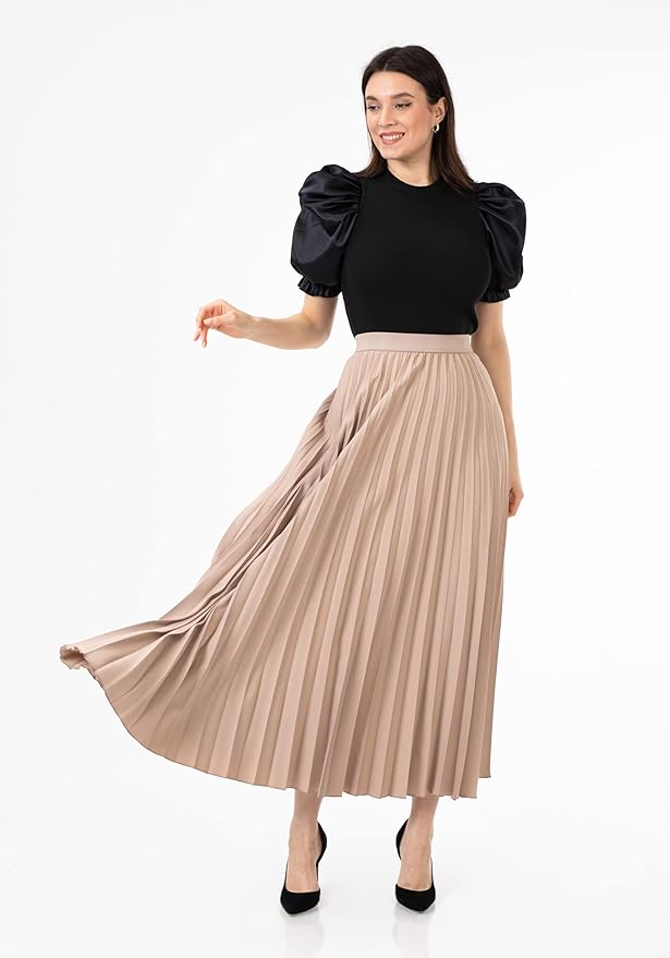 Love Poem Women's Pleated Maxi Skirt - Modest Elastic High Waist A Line Swing Boho Ruffle Plisse Long Skirt - Mink)