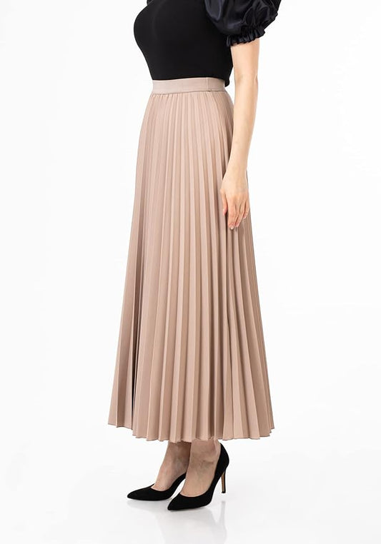 Love Poem Women's Pleated Maxi Skirt - Modest Elastic High Waist A Line Swing Boho Ruffle Plisse Long Skirt - Mink)