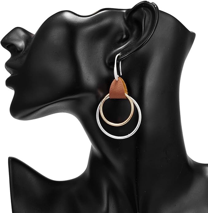 Minimalist Leather Geometric  Round Circle Hoop Drop Dangle Earrings
