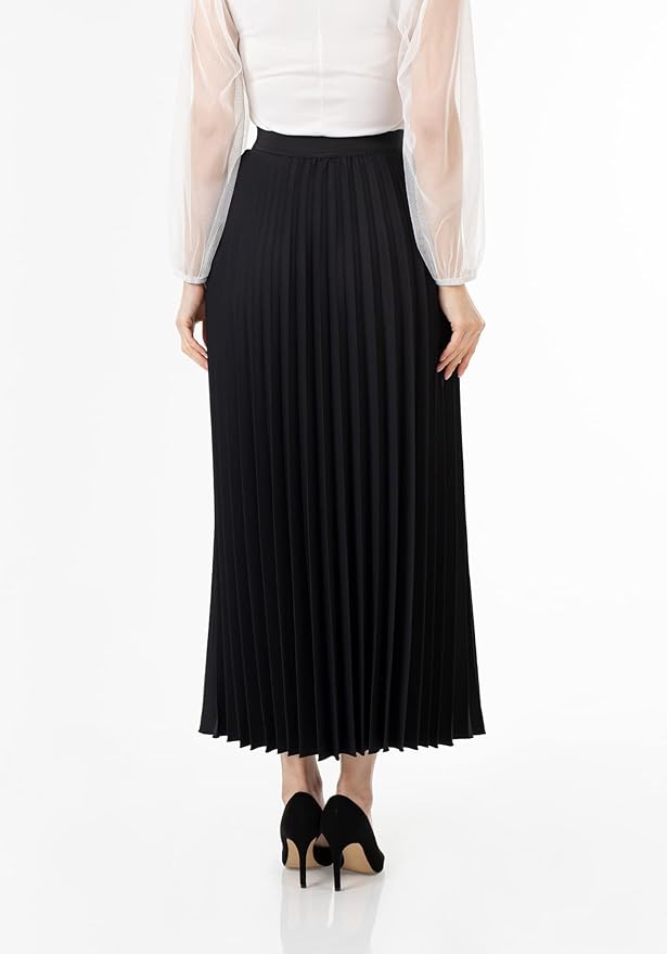 Love Poem Women's Pleated Maxi Skirt - Modest Elastic High Waist A Line Swing Boho Ruffle Plisse Long Skirt - Black