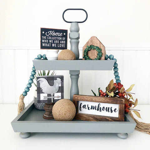 Farmhouse Gray Rectangle Tiered Tray – Extra Spacious