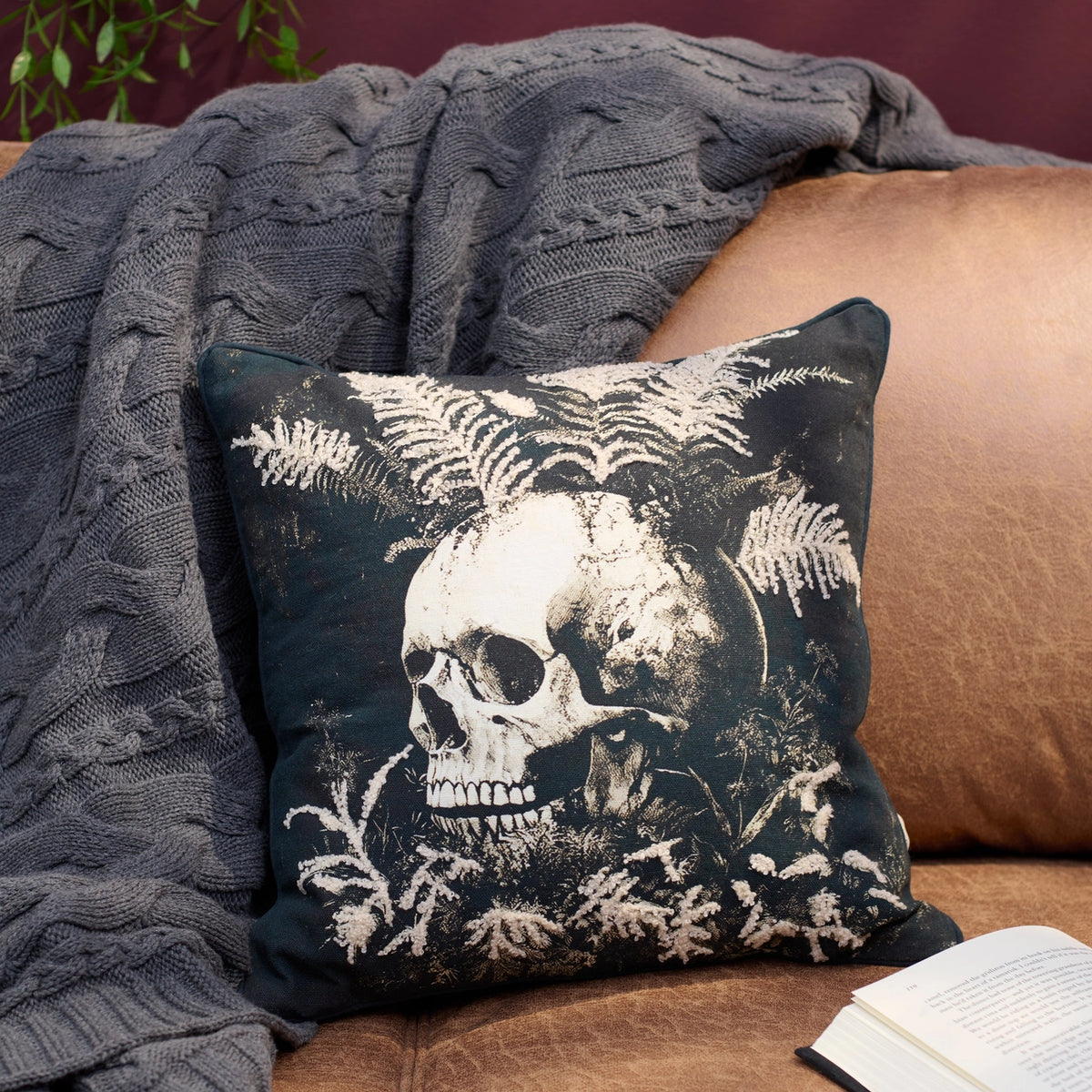 Dark Plant Skull Halloween Decorative Pillow – 14"